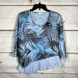 Sun Moda‎ California Womens L Blue Palm Print Asymmetrical 3/4 Sleeve Cotton Top